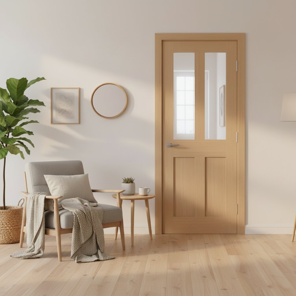Product prefinished oak London four-panel glazed internal door with clear glass panel