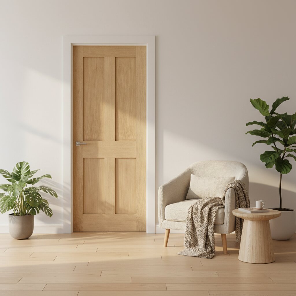 Product unfinished oak London four-panel FD30 internal fire door with flat recessed panels