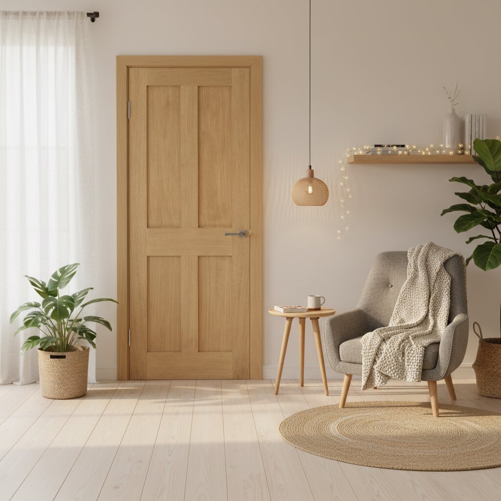Product unfinished oak London four-panel FD30 internal fire door with flat recessed panels