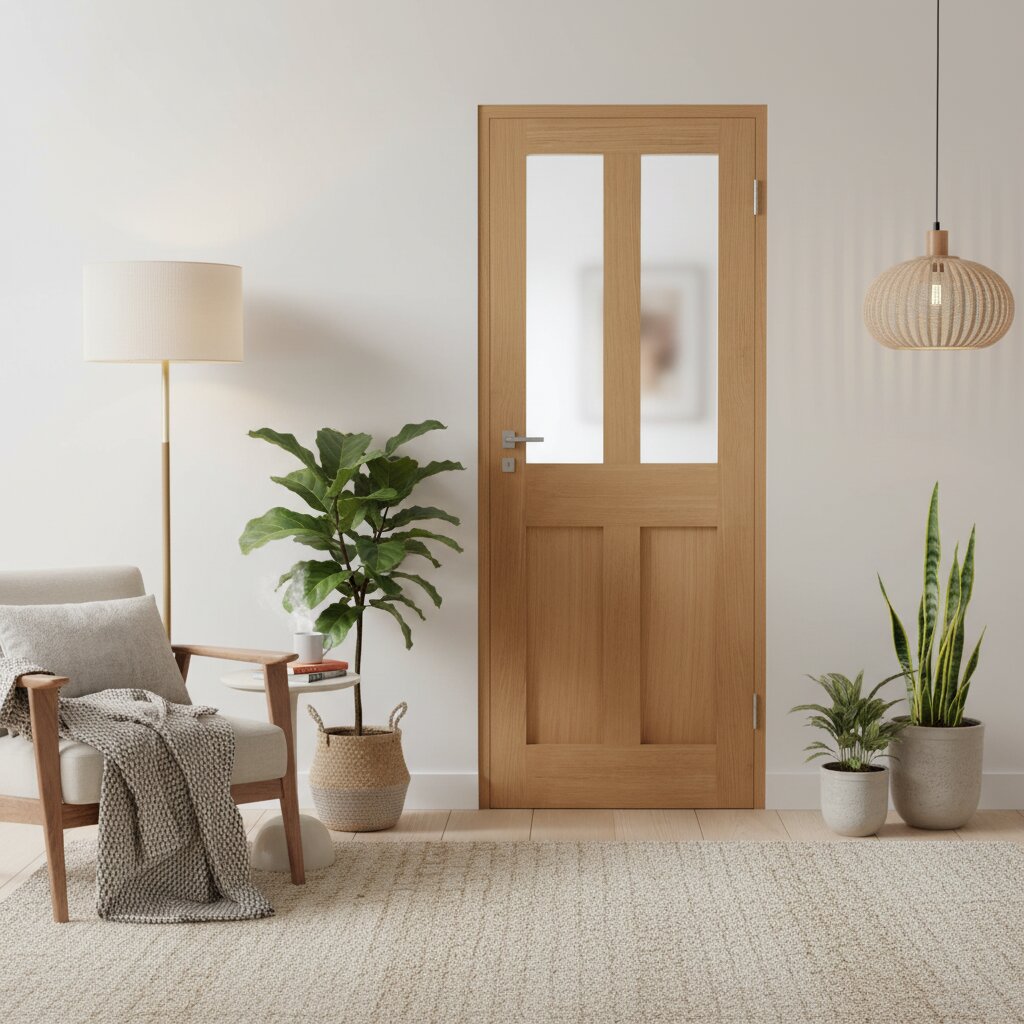 Product unfinished oak London four-panel glazed internal door with clear glass panel