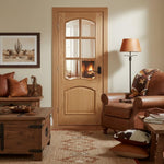 Lifestyle Louis glazed unfinished oak internal door with arched six-pane glass in a rustic living room