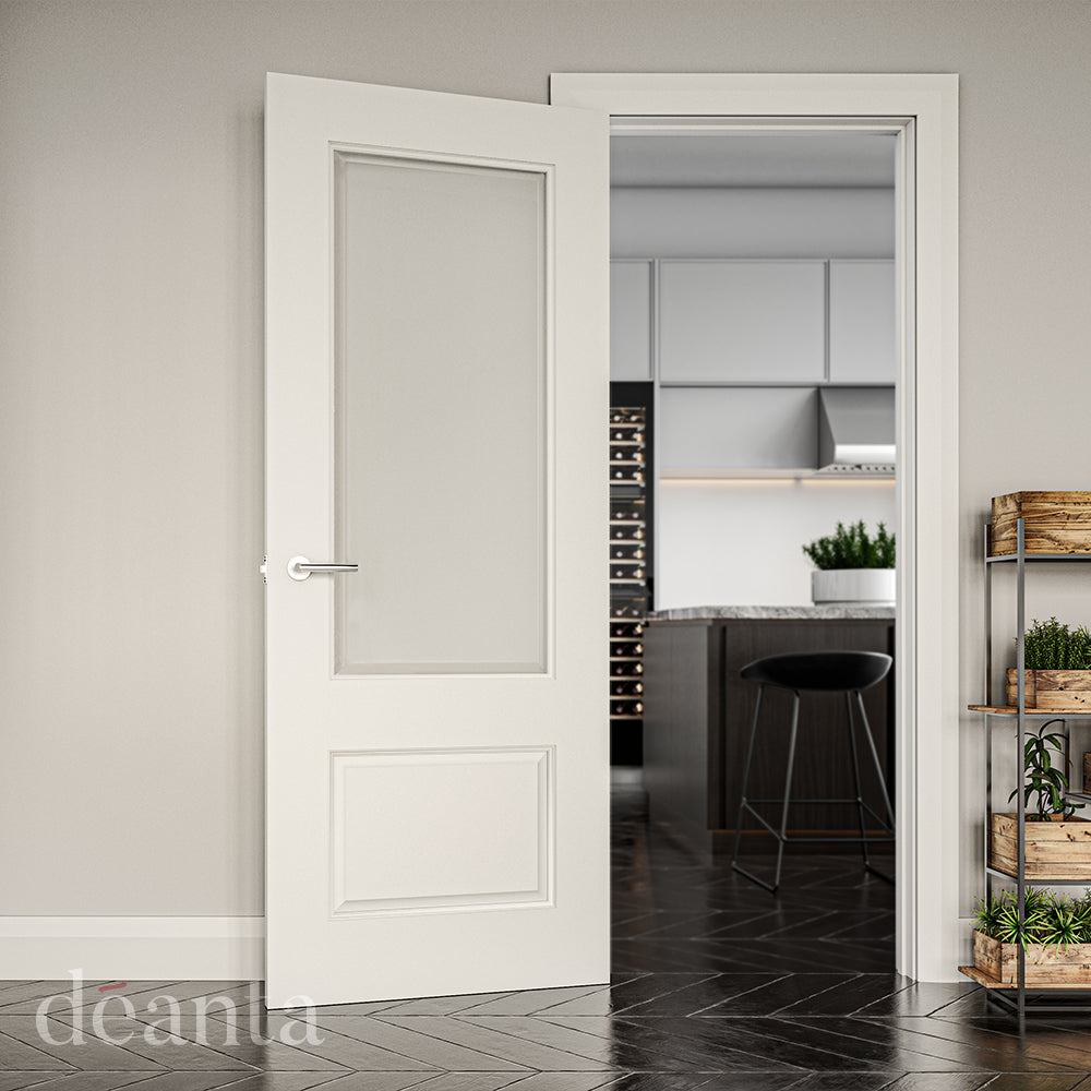 Lifestyle white primed Madison clear glazed internal door in a bright room with neutral decor
