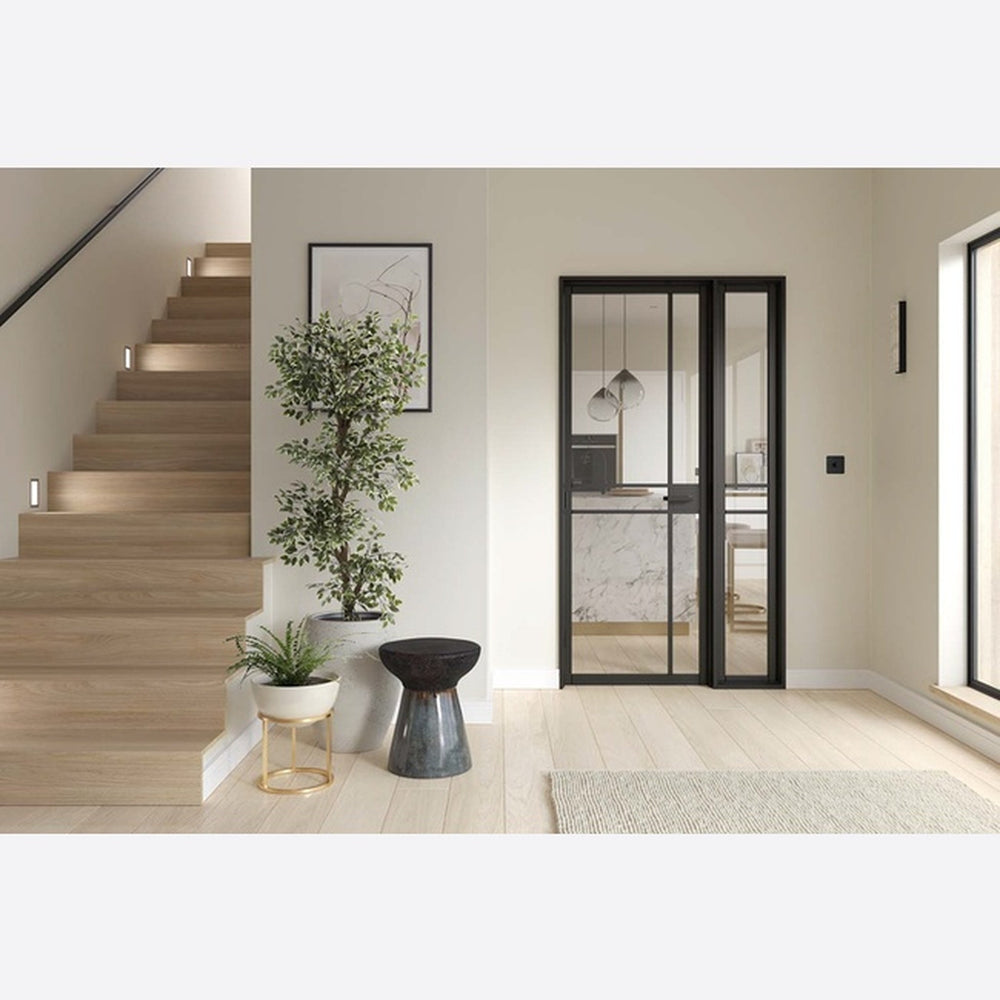 Lifestyle Manhattan black prefinished universal frame kit installed in a modern interior