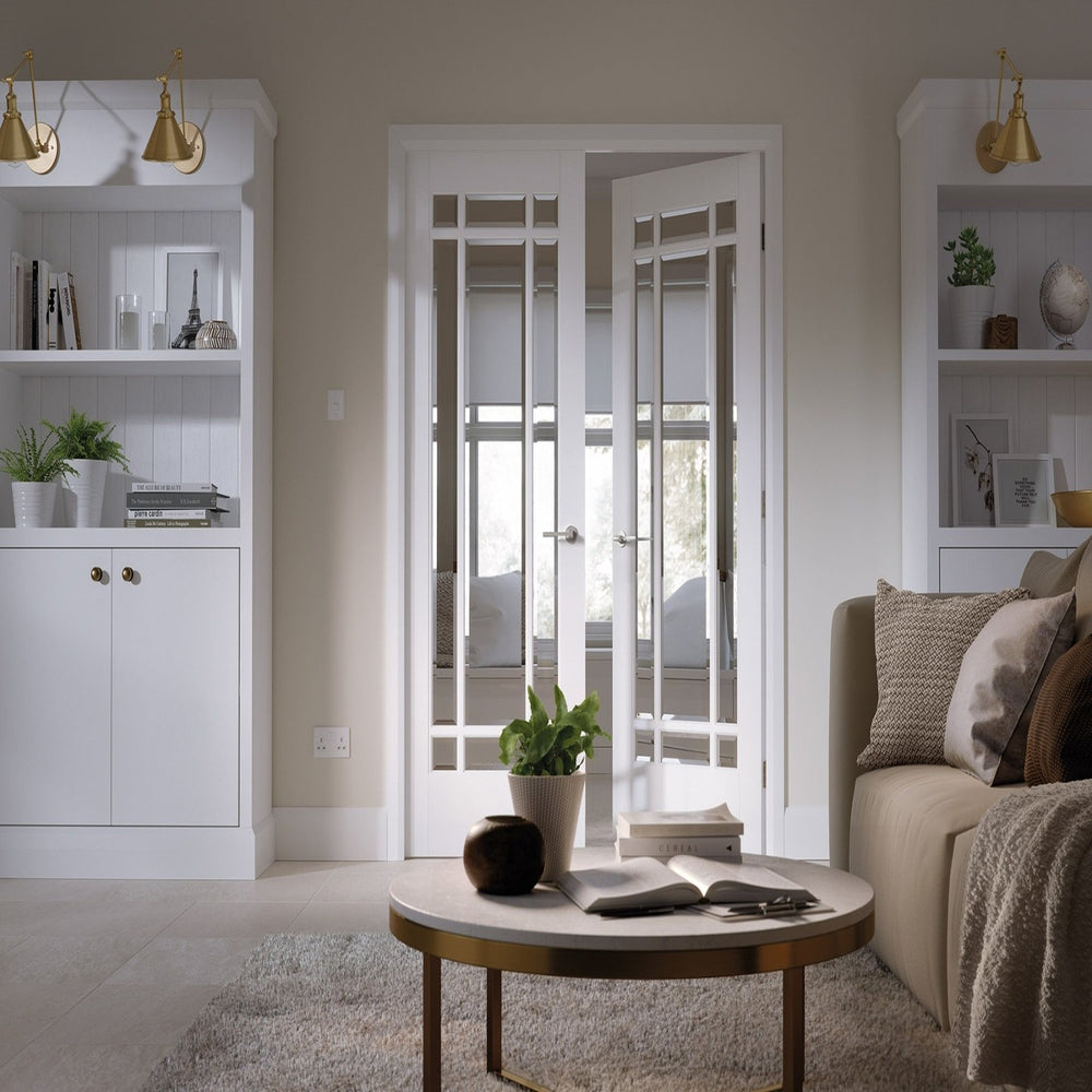 Lifestyle Manhattan white primed clear glazed internal door pair installed in a room