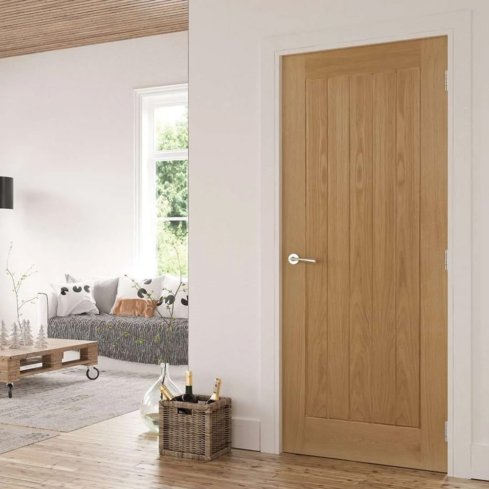 Lifestyle Mexicana Ely oak internal door with vertical panels in a bright home interior