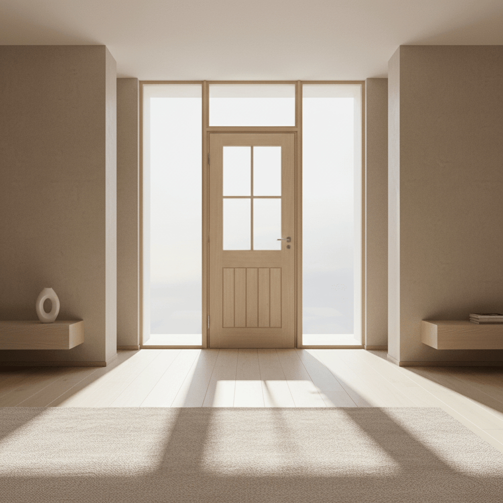 Lifestyle Mexicano four-light glazed prefinished blonde oak door in a room setting