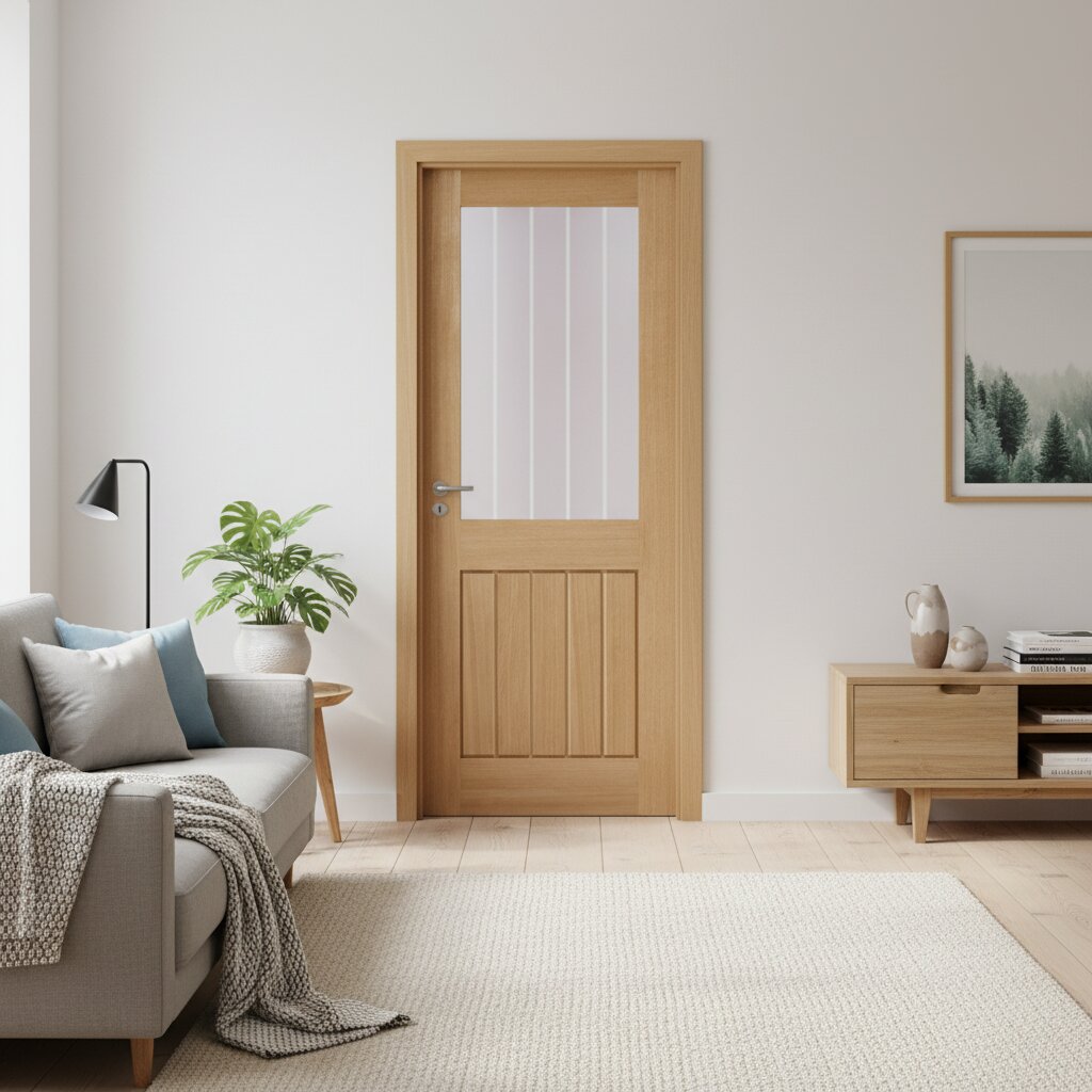 Lifestyle oak Mexicano half-light glazed fire door in a neutral living room
