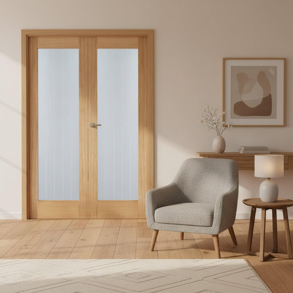 Lifestyle oak Mexicano Pattern 10 glazed door pair in a calm living room