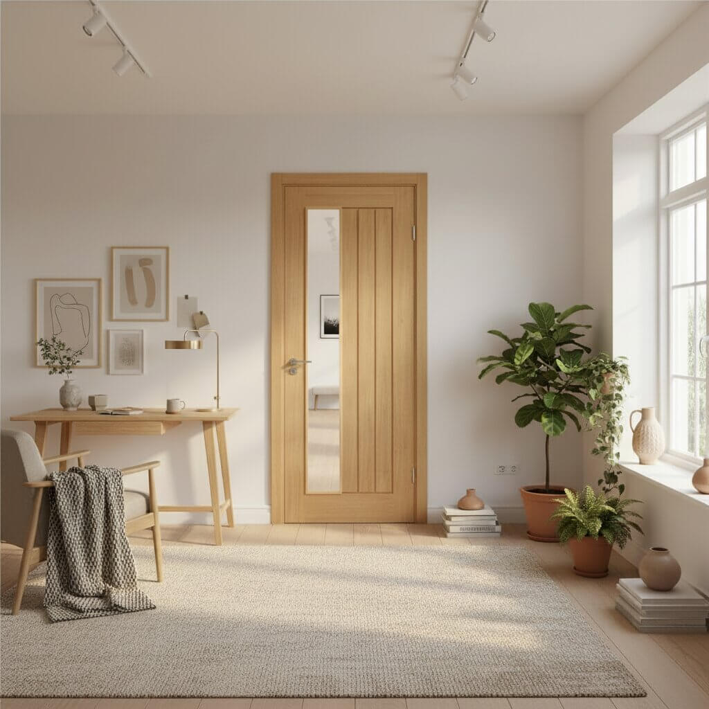 Product Mexicano offset clear glazed prefinished oak door front view