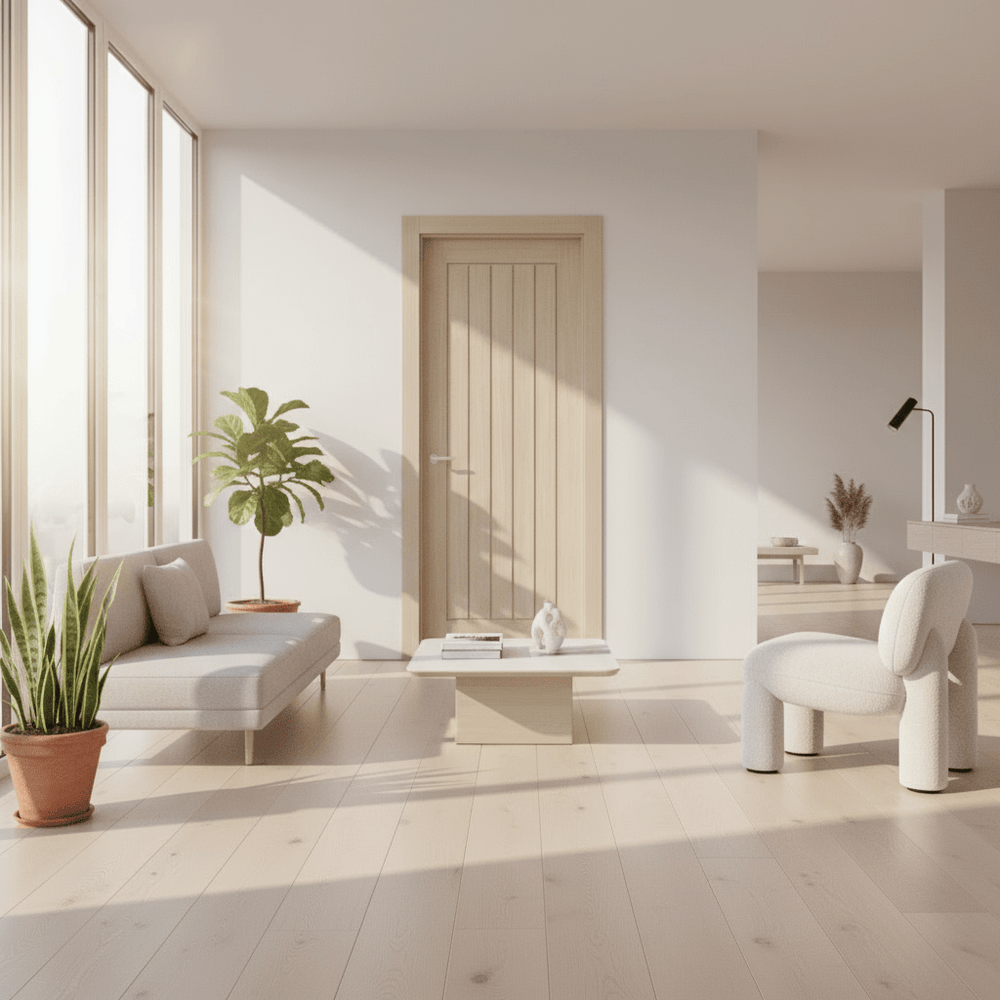 Lifestyle Mexicano prefinished blonde oak fire door with vertical planks in a room setting