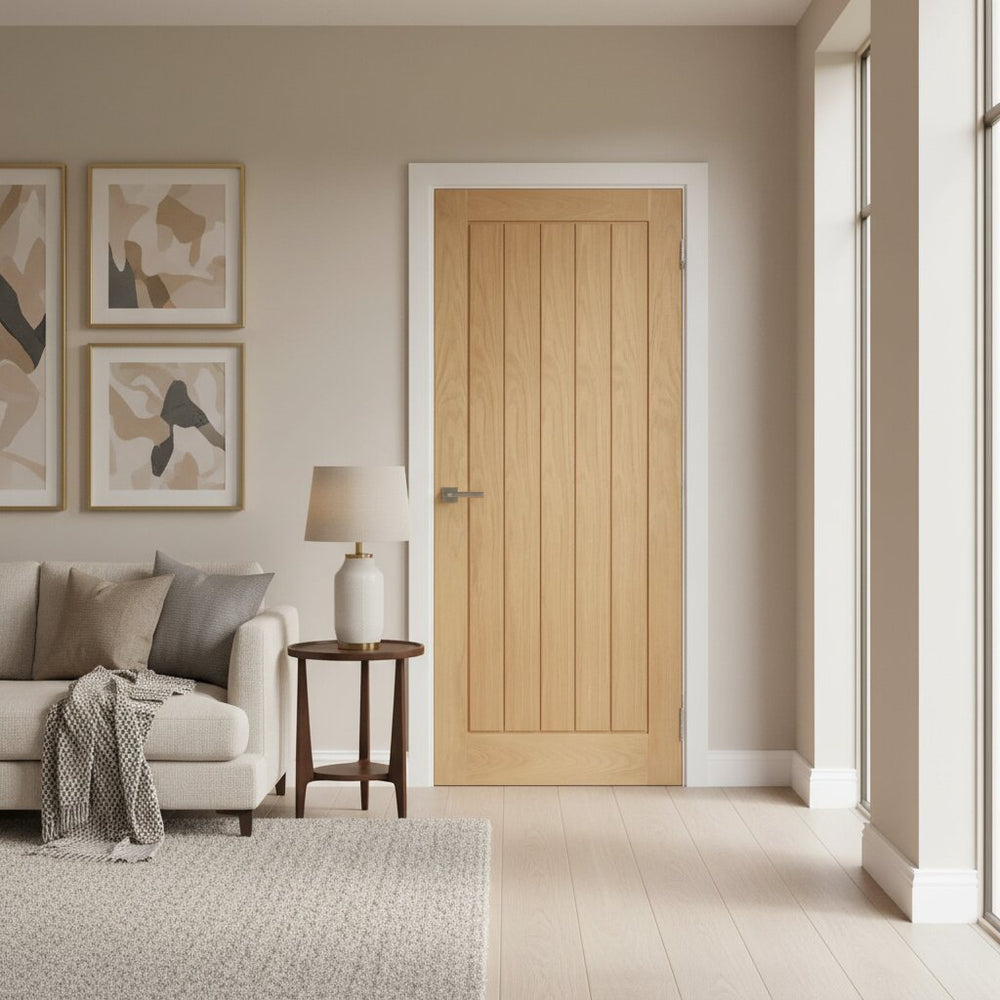 Lifestyle oak Mexicano veneer fire door with vertical grooved panels in a room setting