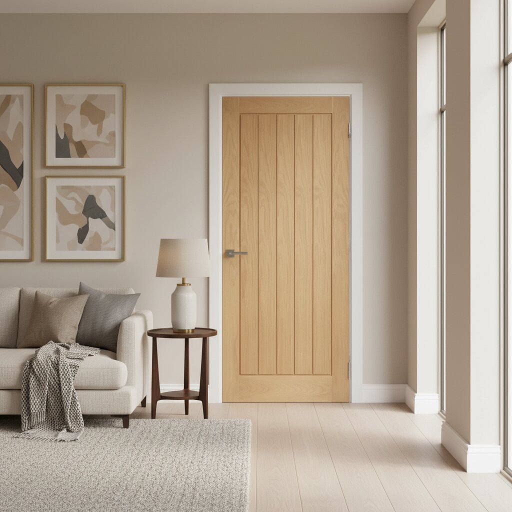 Product oak Mexicano veneer fire door with vertical grooved panels