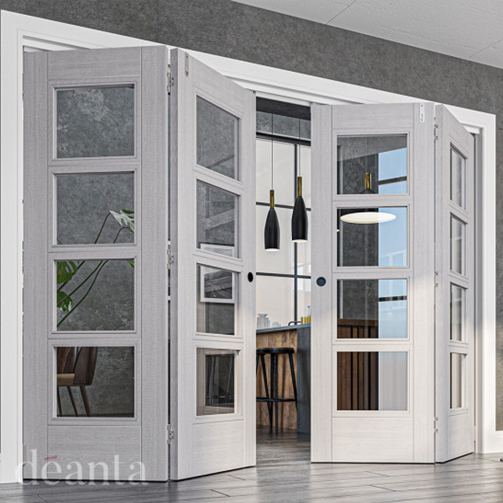 Lifestyle light grey ash Montreal glazed internal doors installed as room dividers