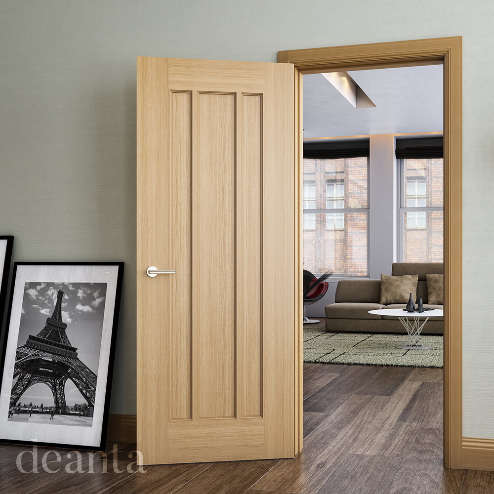 Lifestyle oak Norwich solid internal door in a bright room with neutral walls