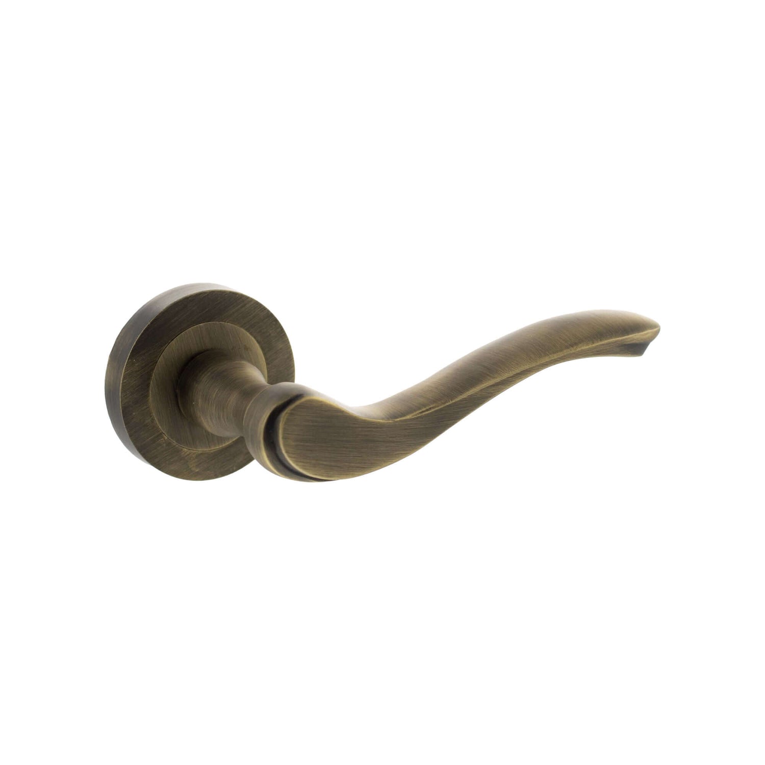 Product Old English Warwick matt antique brass curved door handle on round rose