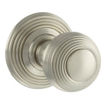 A pair of round satin nickel door knobs with a matching round backplate, featuring concentric ring detailing and a brushed metallic finish, shown on a solid white background.