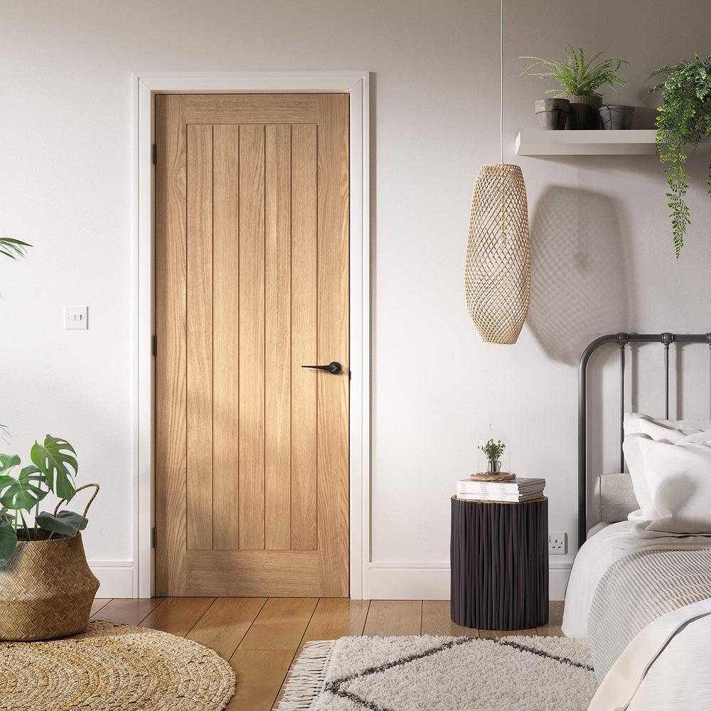 Lifestyle oak Belize internal door with narrow vertical grooves in a room setting