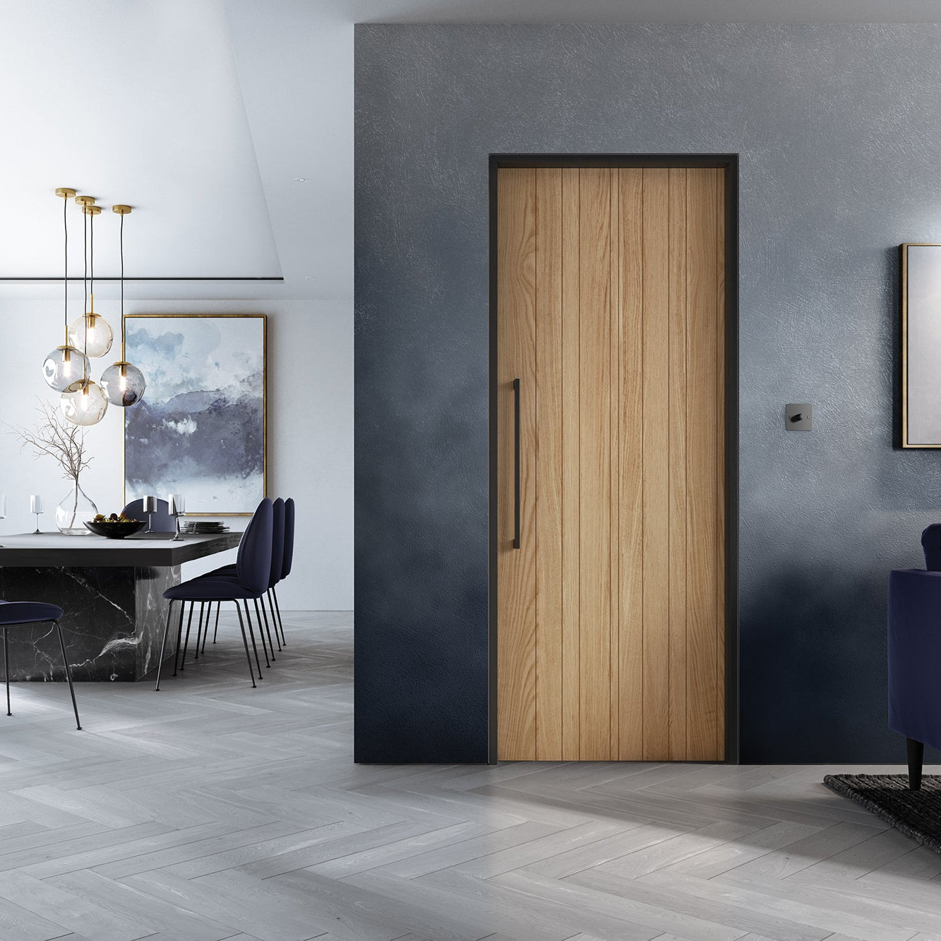 Lifestyle prefinished oak Montreal grooved internal door in a modern dining space