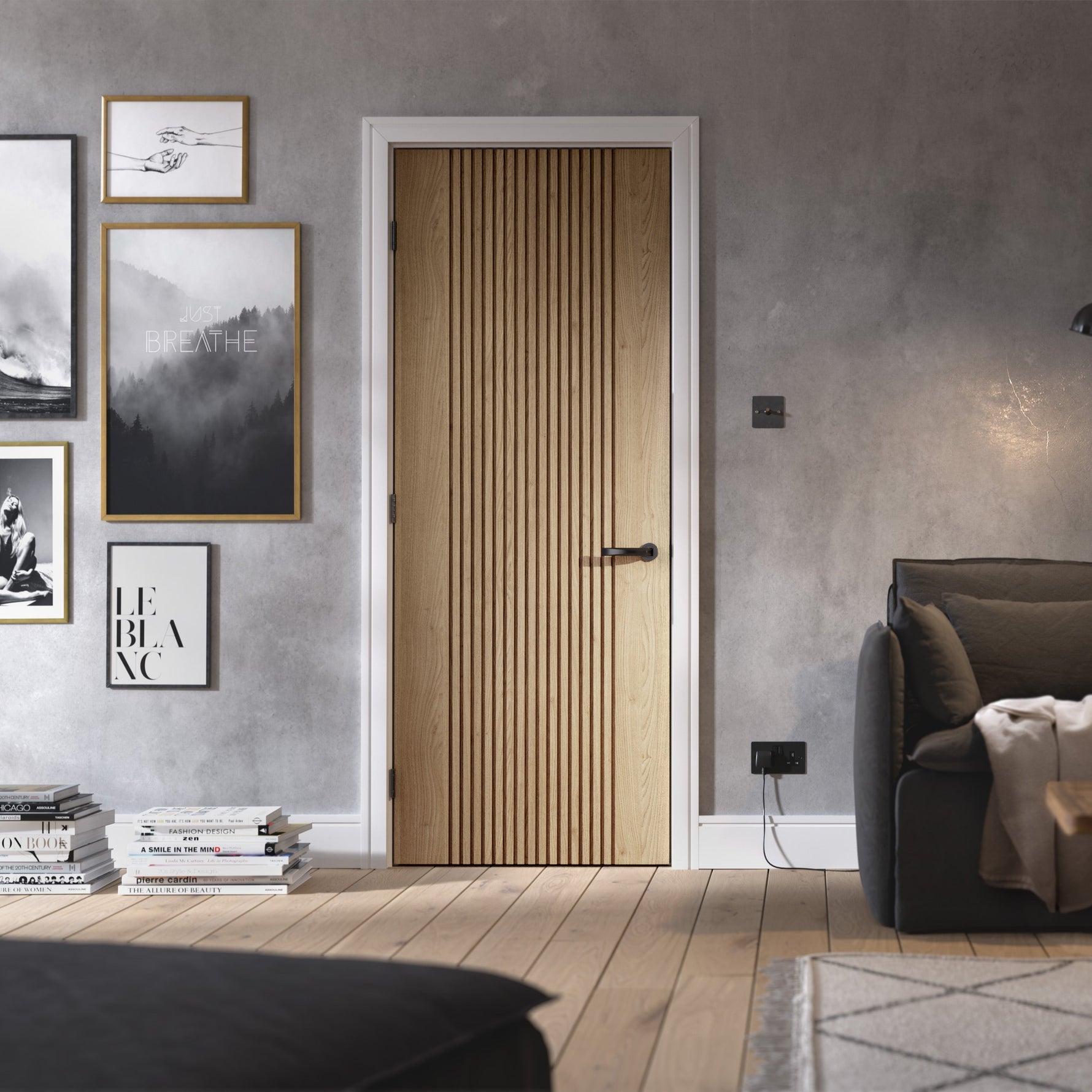Lifestyle prefinished oak Sydney fluted internal door in a modern grey room