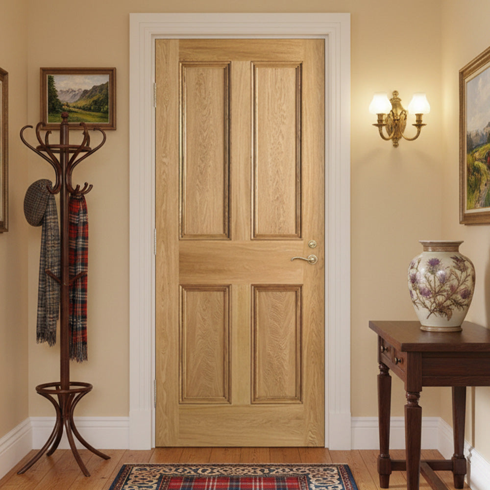 Lifestyle oak veneer four-flat-panel internal door installed in a modern room