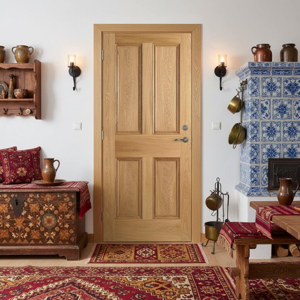 Product oak veneer four-flat-panel FD30 internal fire door