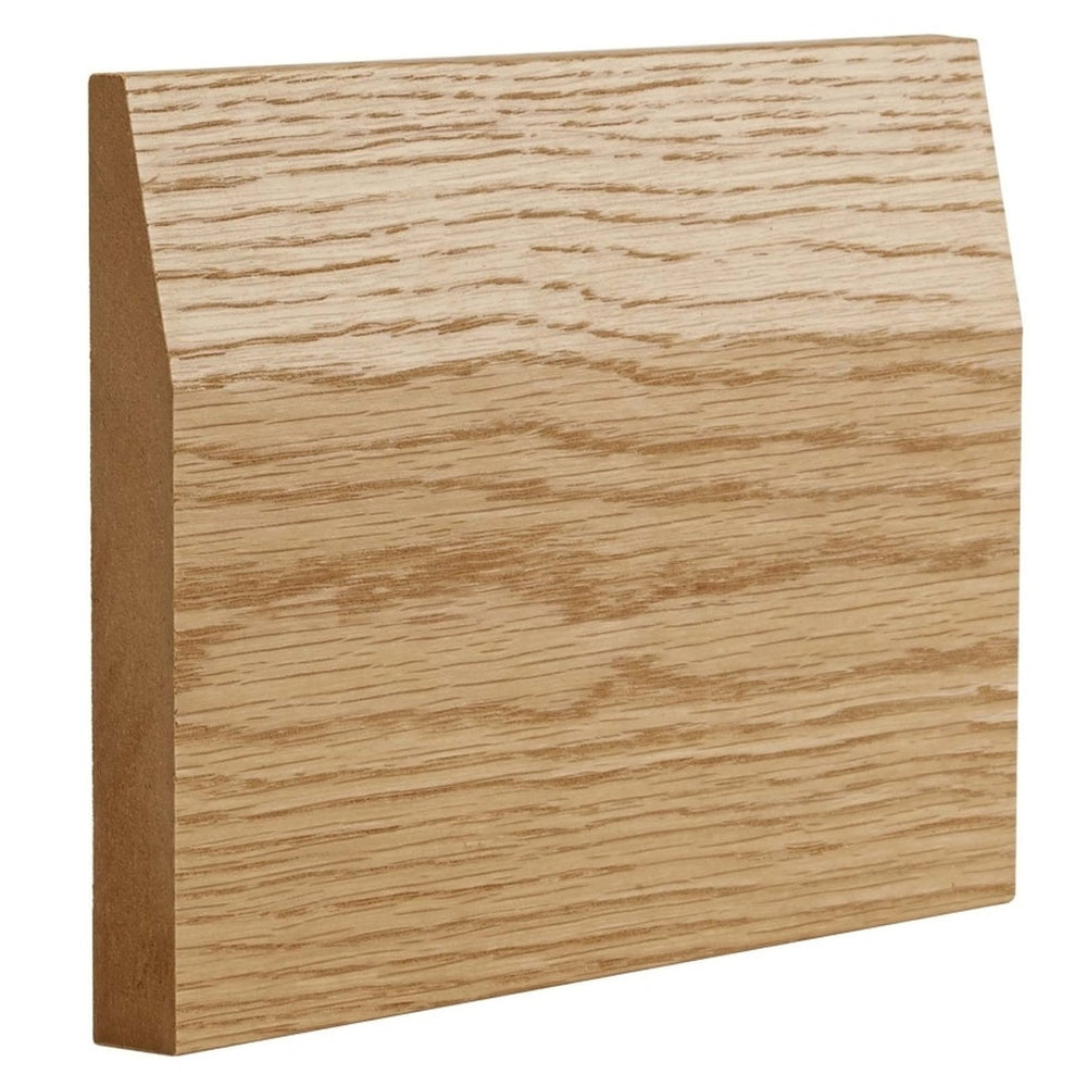 Product oak veneer half splayed skirting board profile close-up
