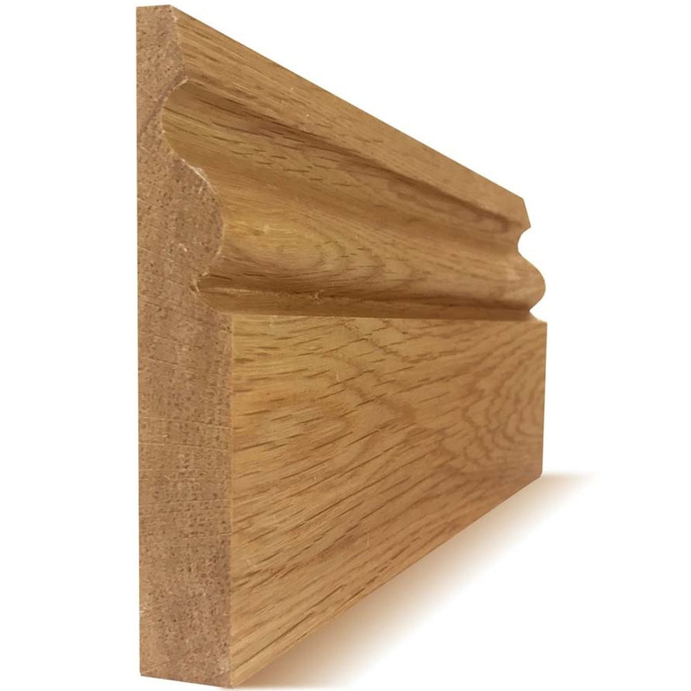 Product ogee solid oak skirting board profile with shaped moulded edge