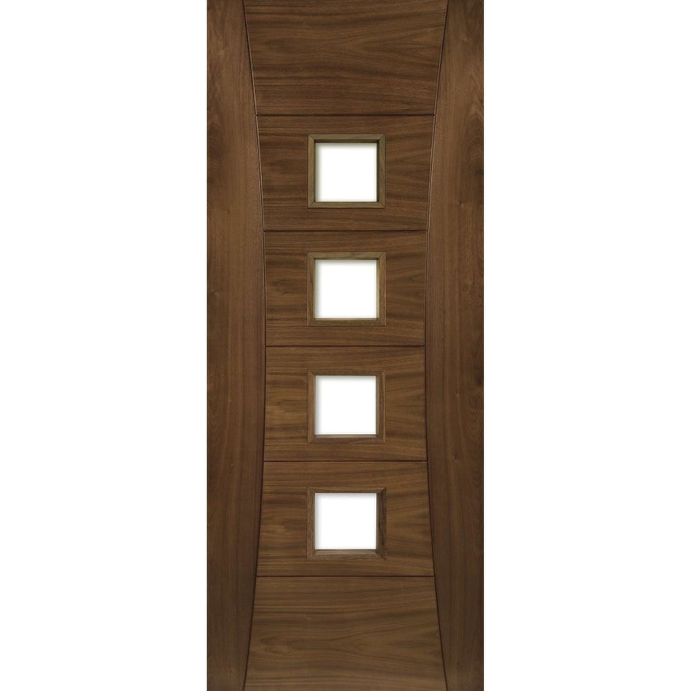 Product Pamplona glazed prefinished walnut fire door on white background