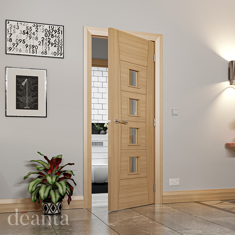 Lifestyle oak Pamplona clear glazed internal door in a bright room with pale walls