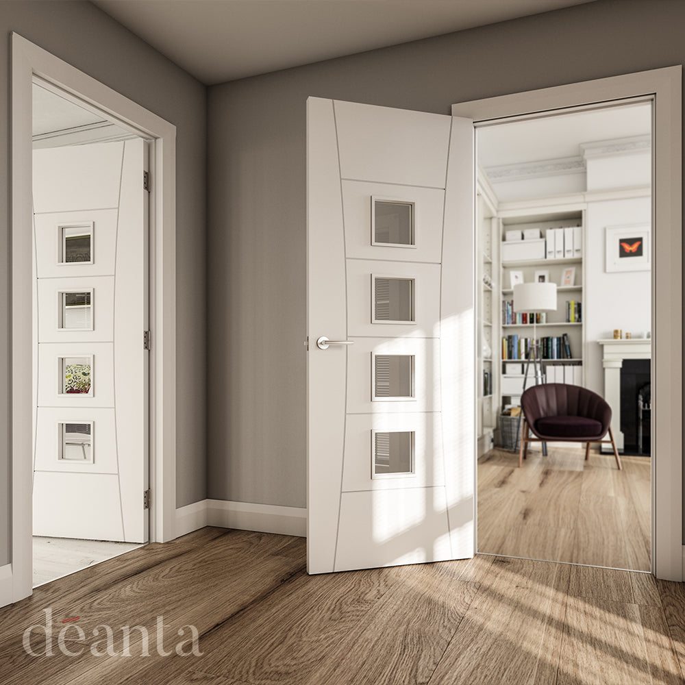 Lifestyle white primed glazed internal door in a bright interior