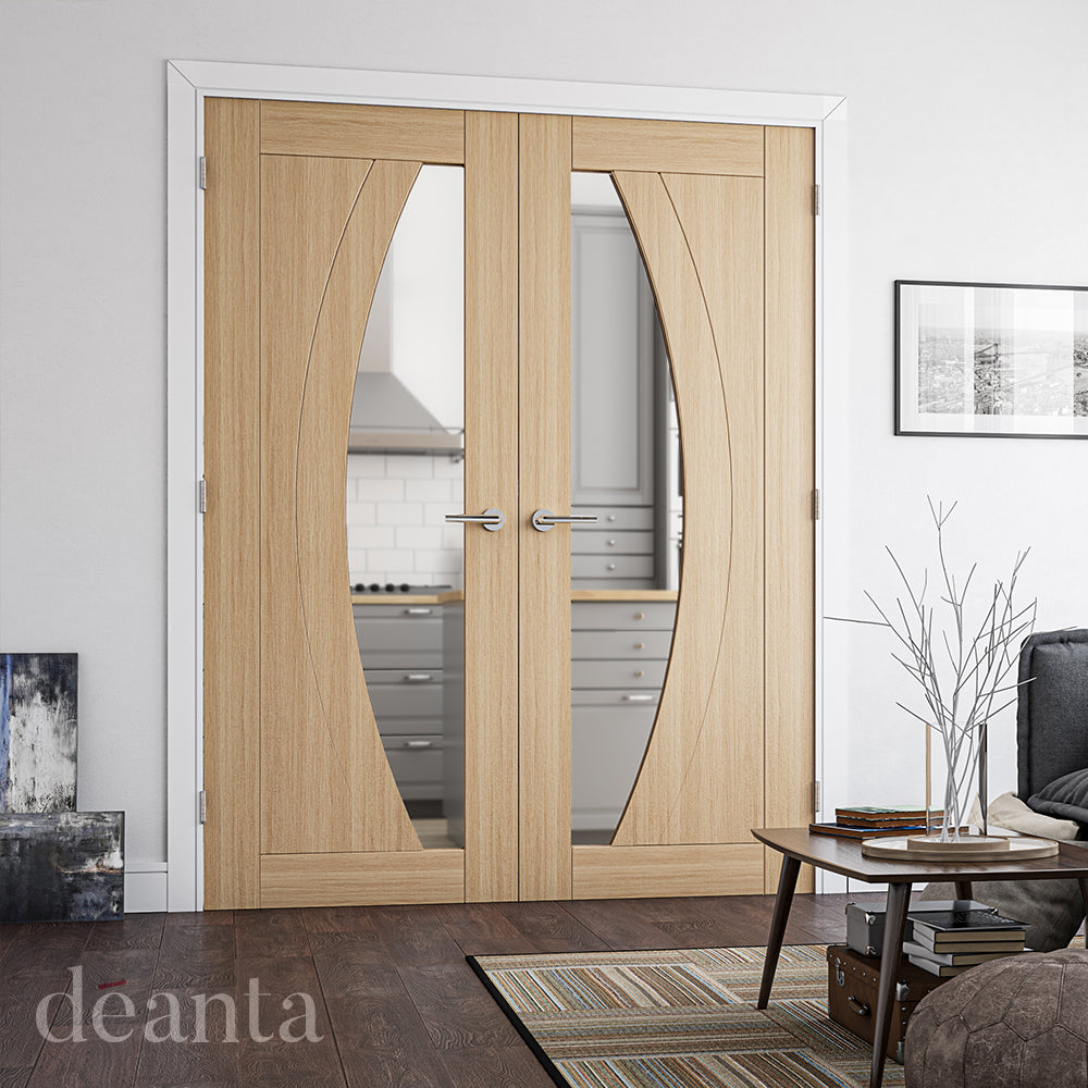 Lifestyle oak Ravello clear glazed double door in a bright interior with natural wood tones