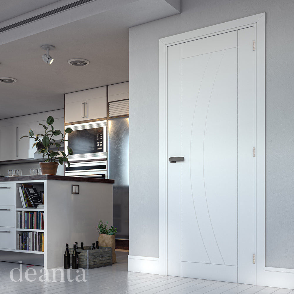 Lifestyle white primed Ravello solid internal door in a clean light interior