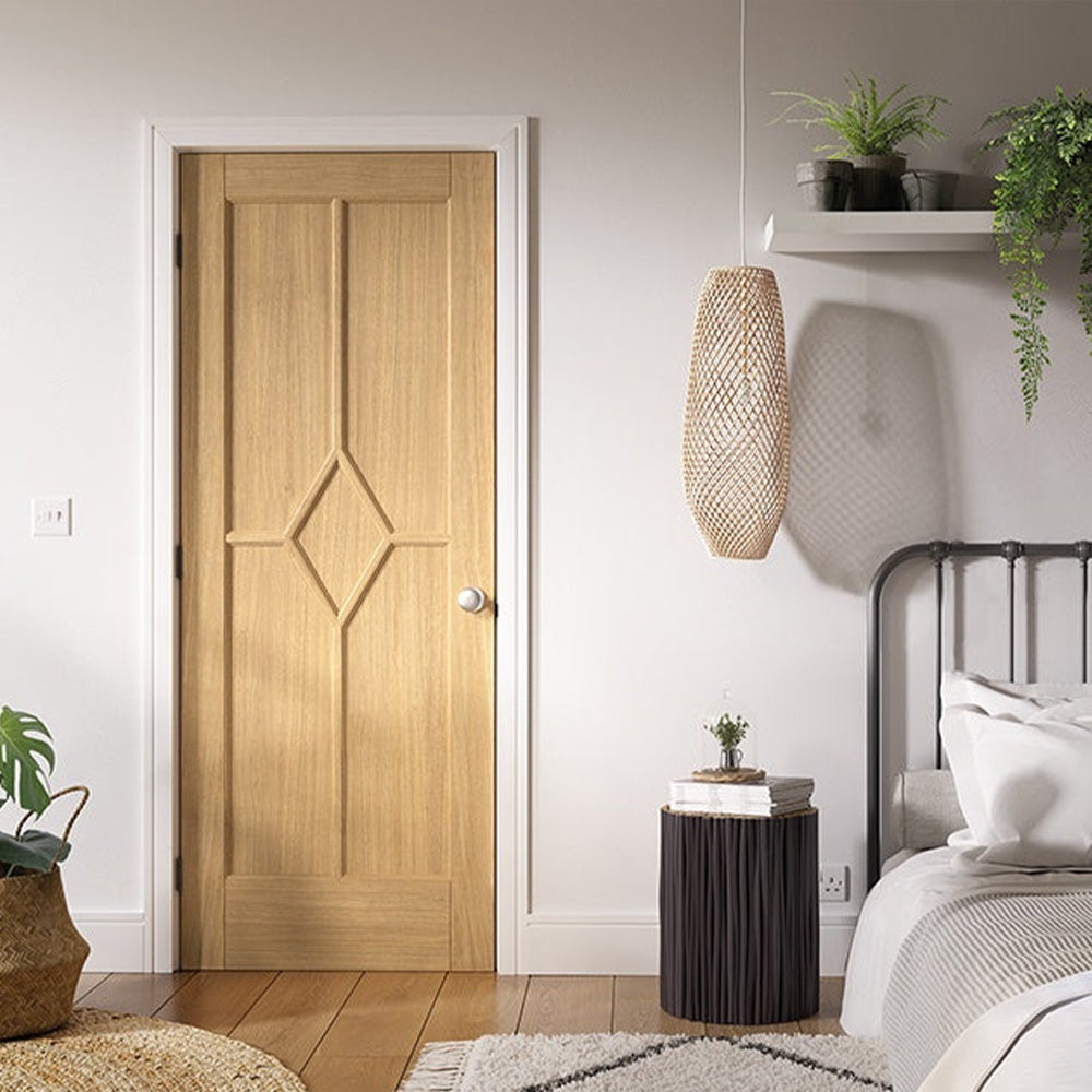 Lifestyle prefinished oak Reims five-panel diamond FD30 fire door in a modern hallway