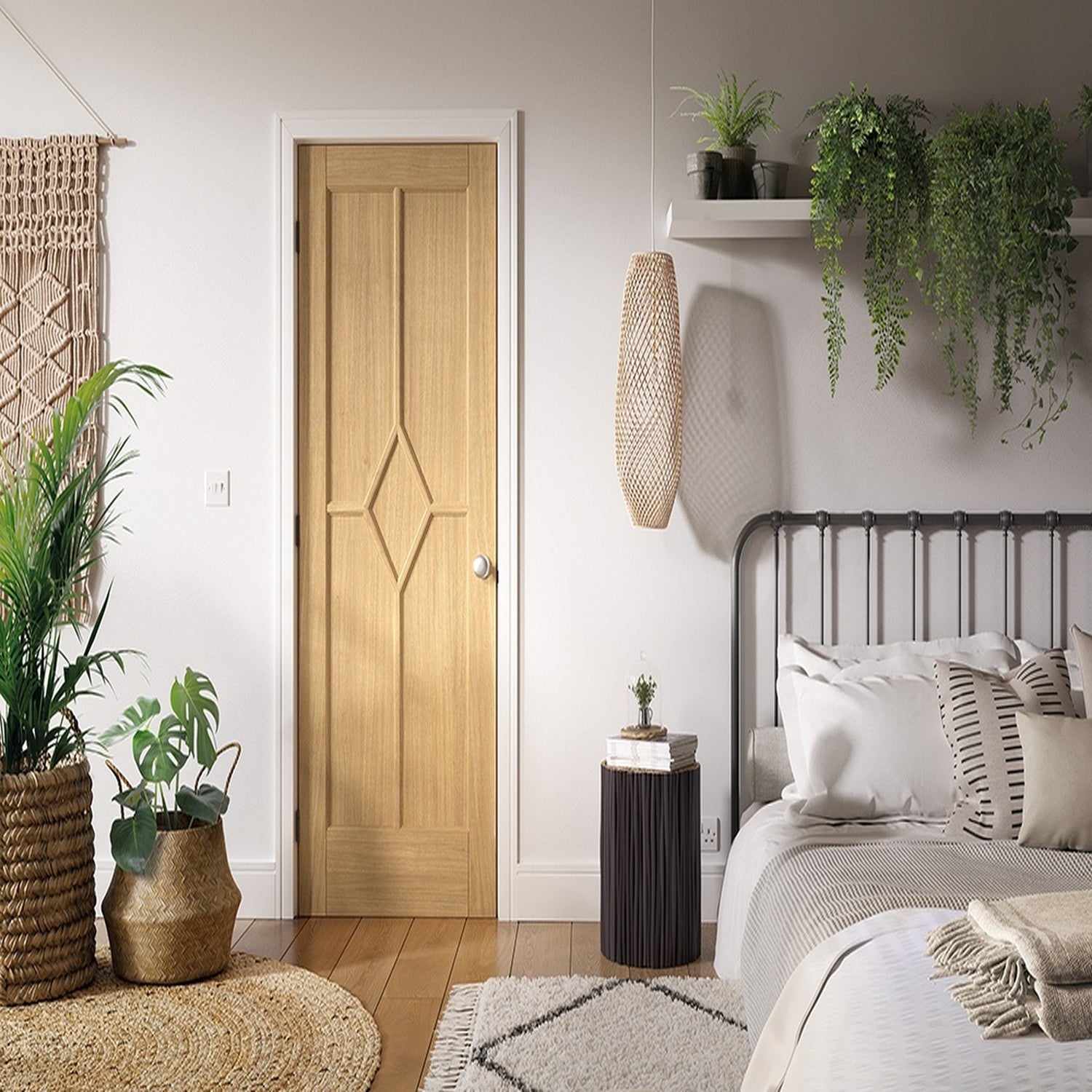 Reims 5 Panel Diamond Prefinished Oak FD30 Fire Door - Lifestyle Image 1