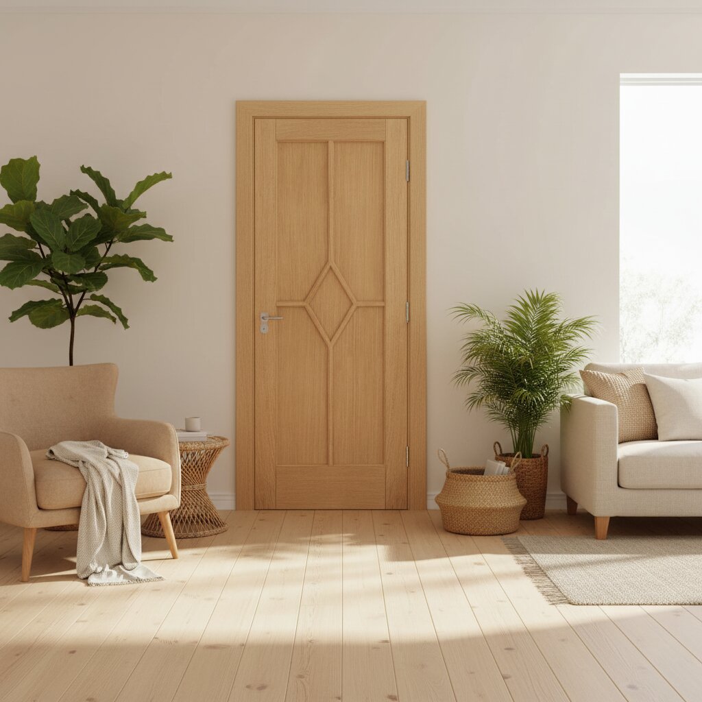 Lifestyle prefinished oak Reims five-panel diamond door in a bright living room