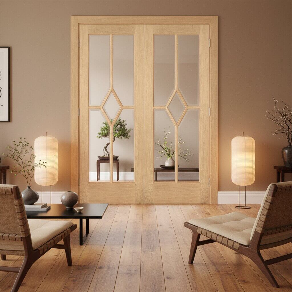 Lifestyle prefinished oak Reims glazed door pair with diamond glazing in a warm lounge
