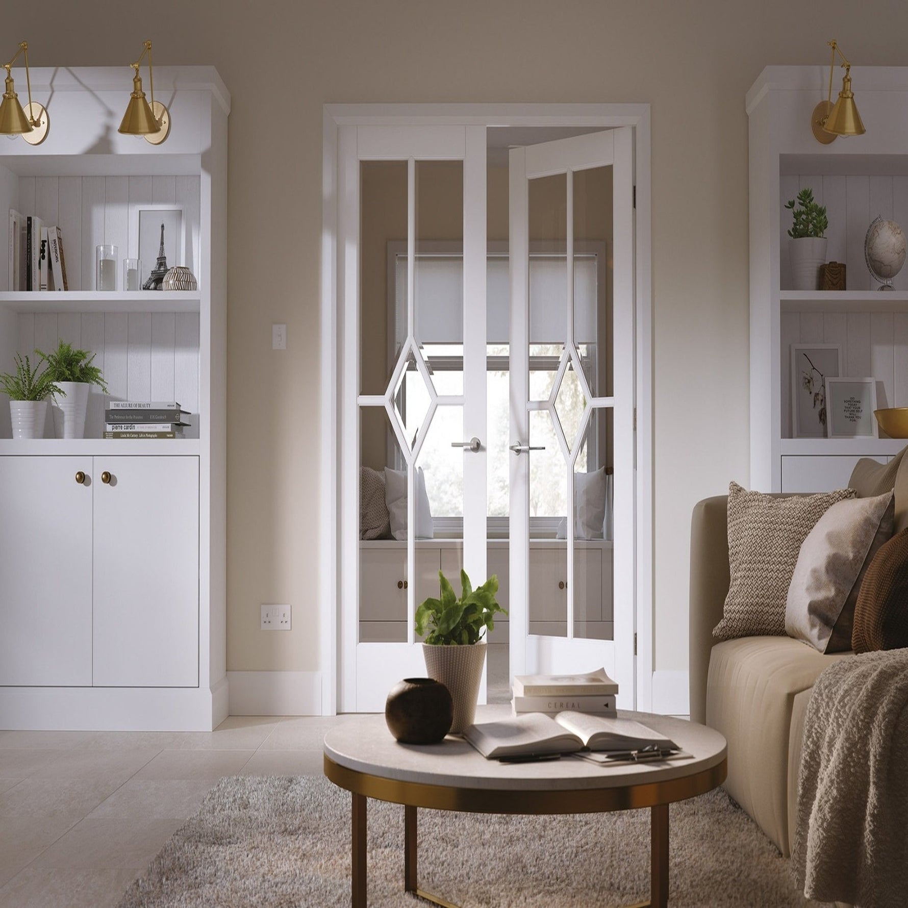 Reims White Primed Glazed Internal Door Pair - Lifestyle Image 1