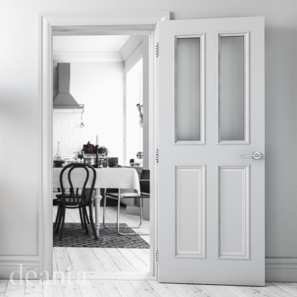 Lifestyle white primed glazed internal door in a bright interior