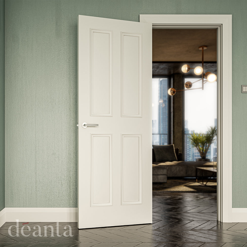 Lifestyle white primed Rochester solid internal door in a bright room with neutral walls