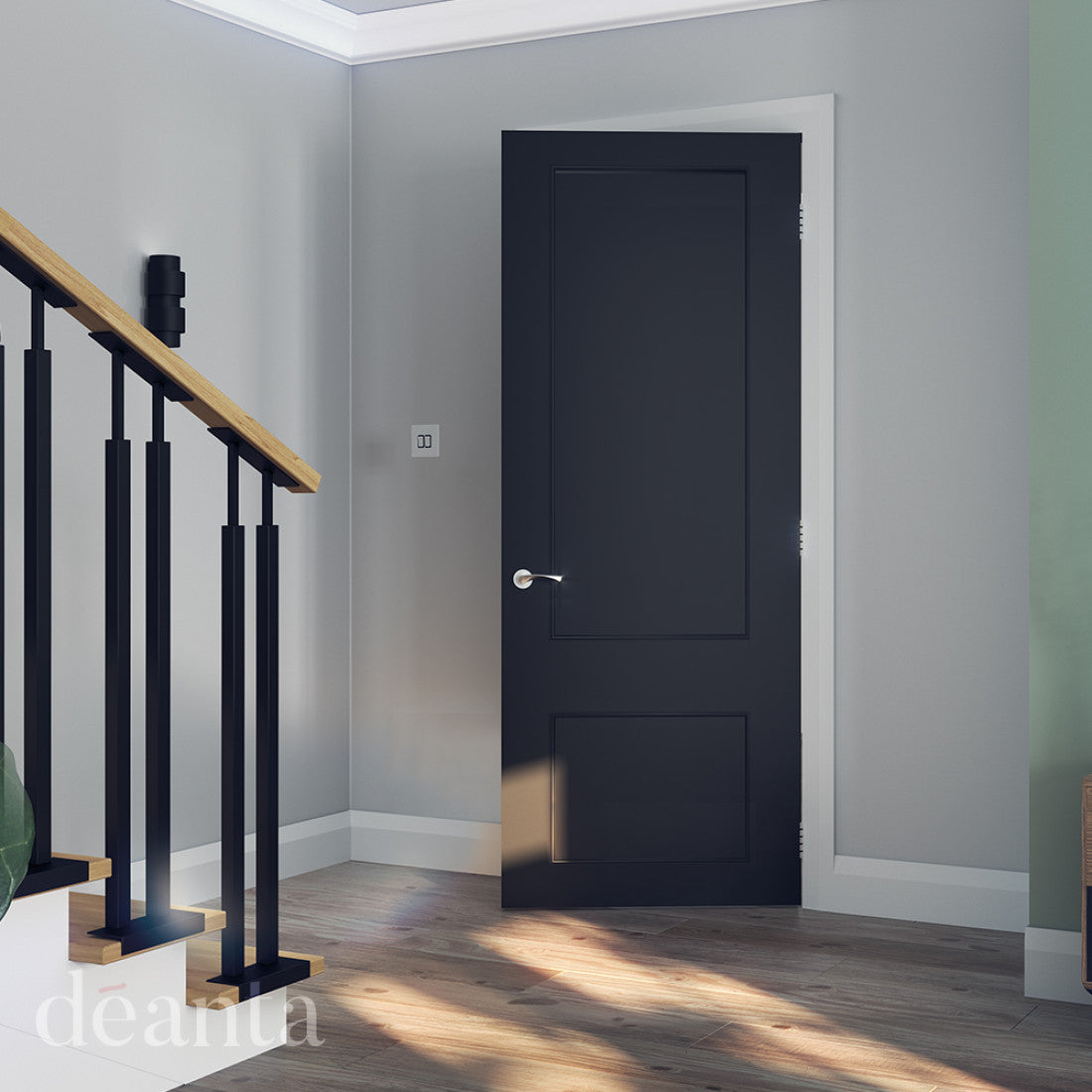Lifestyle black Sandringham solid internal door in a bright neutral interior
