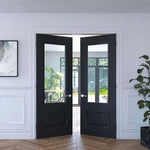 Lifestyle Sandringham prefinished black glazed FD30 fire double doors in a bright room