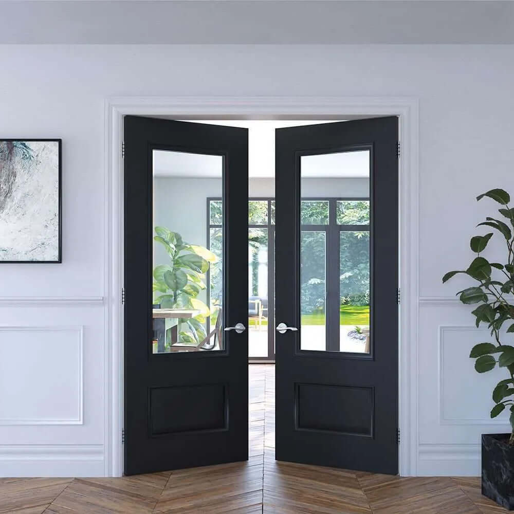 Lifestyle Sandringham prefinished black glazed FD30 fire double doors in a bright room