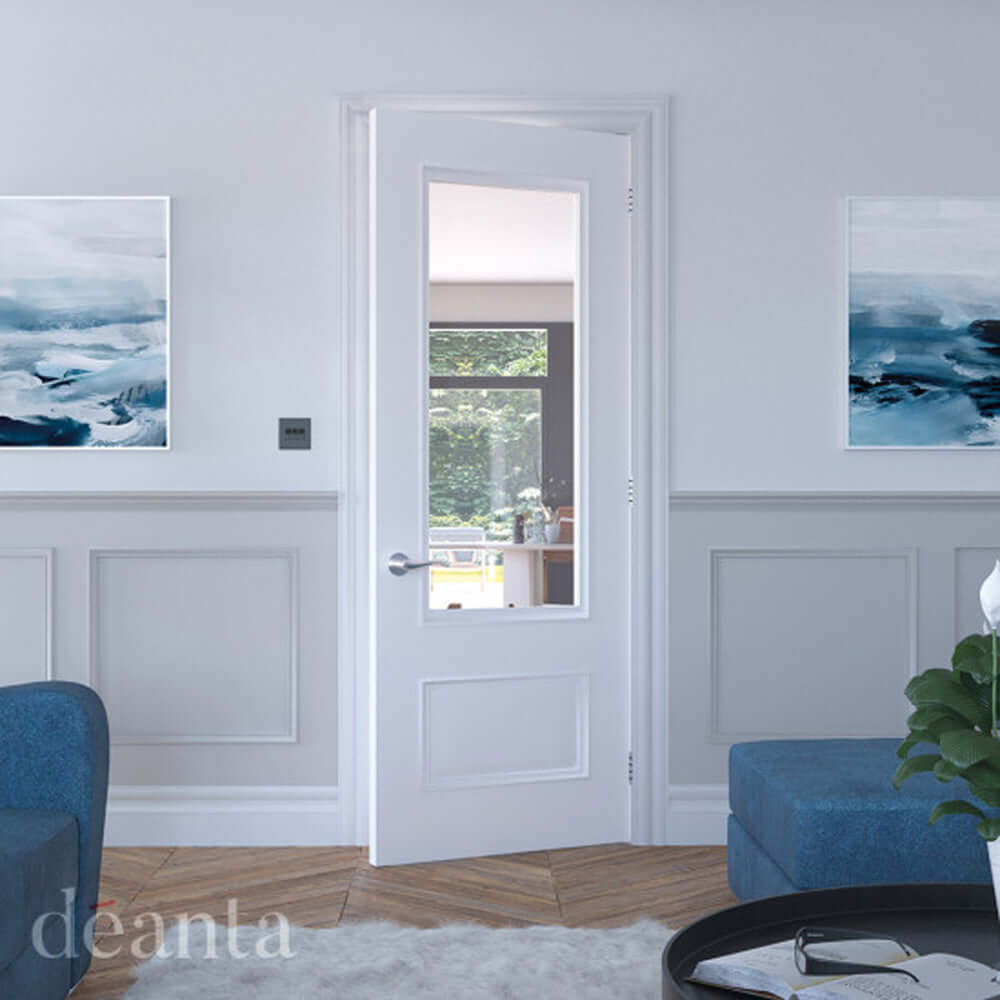Lifestyle Sandringham white primed glazed FD30 fire door in a blue living room