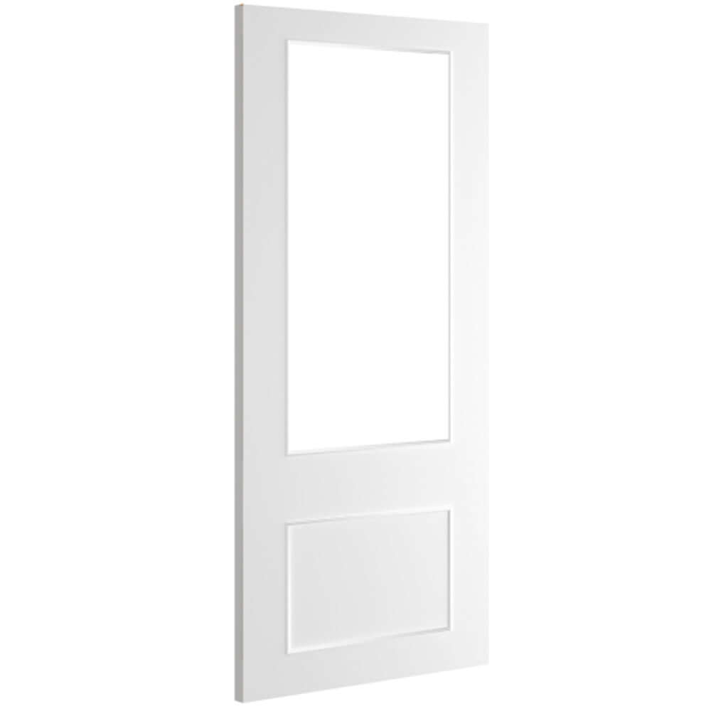 Product Sandringham white primed glazed FD30 fire door, angled view