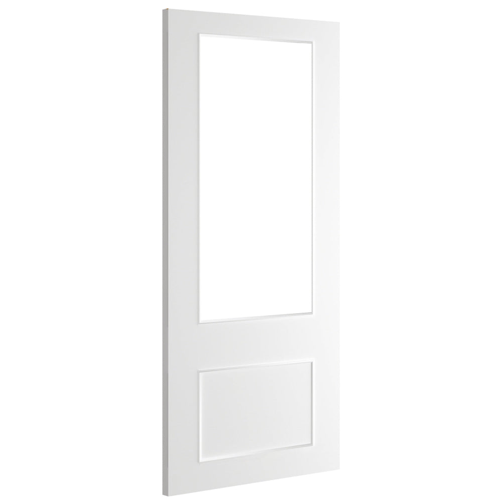 Product close-up of Sandringham white primed bevelled glazed door detail