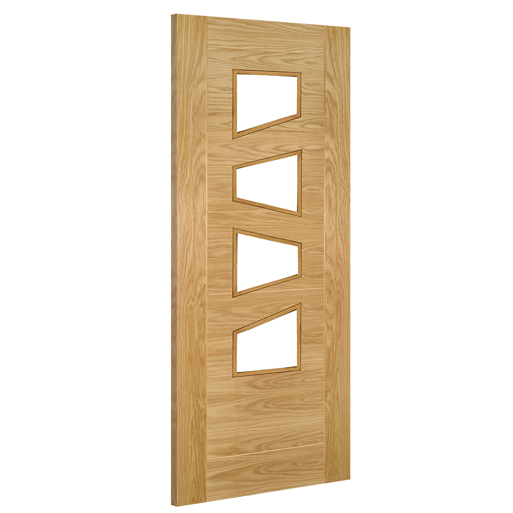 Product oak Seville internal door shown angled with four shaped glazed panels
