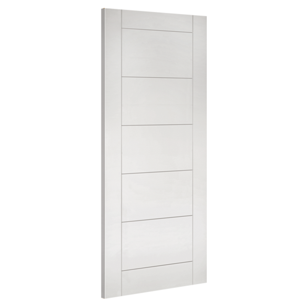 Product white primed Seville solid internal door shown angled with horizontal panels