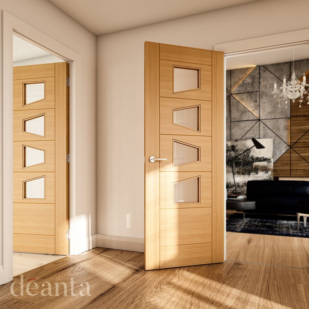 Lifestyle oak Seville internal door with four shaped glazed panels in a modern hallway