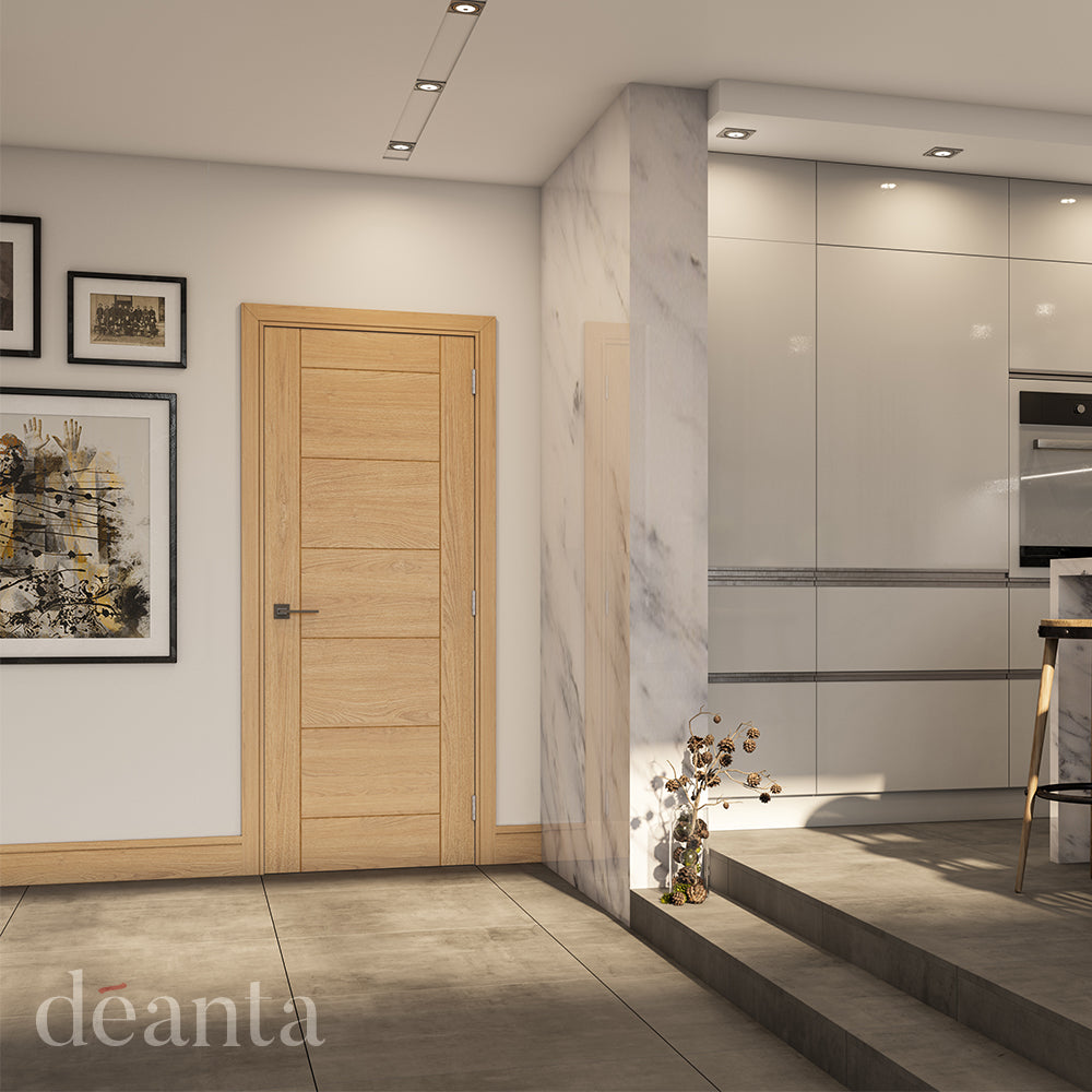Lifestyle prefinished oak fire door with slim vertical panel design in a contemporary interior