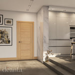 Lifestyle prefinished oak fire door with slim vertical panel design in a contemporary interior